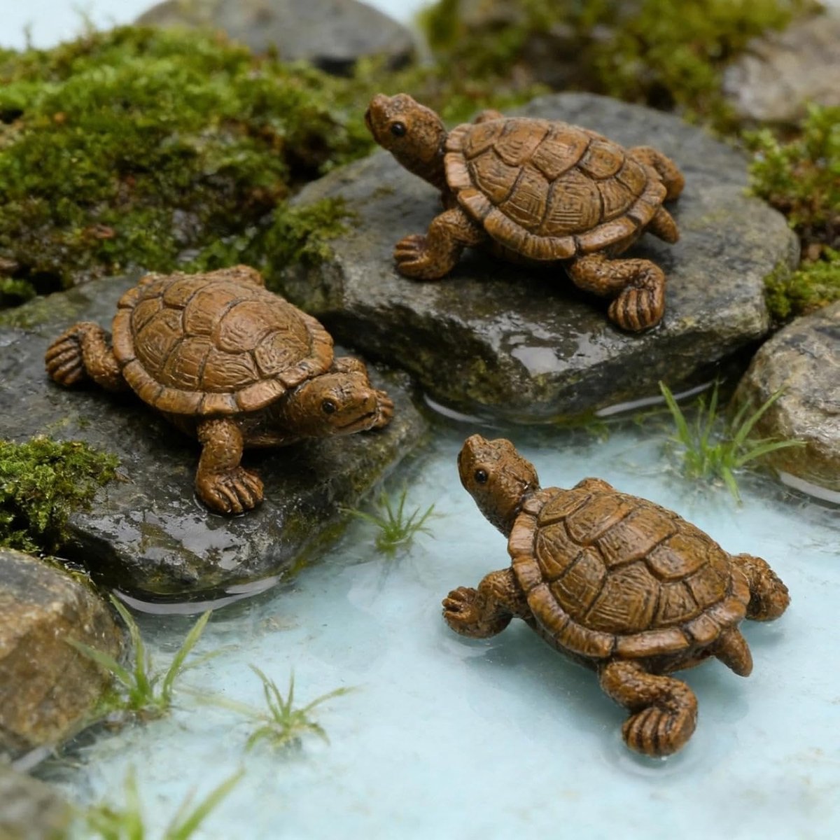 3 stuks schildpaddecoratie, hars schildpadbeeldje, simulatie, vijverdecoratie voor buiten, ca. 7 cm lang, voor tuin, microlandschap, balkondecoratie