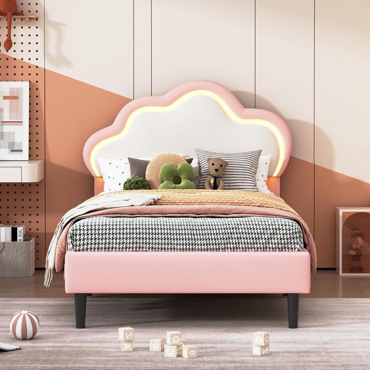 Kinderbed met Verstelbaar Hoofdbord - Jeugdbed Eenpersoonsbed - Comfortabel Slapen - Uniek Wolkvormig Design - 90 x 200 cm - Roze