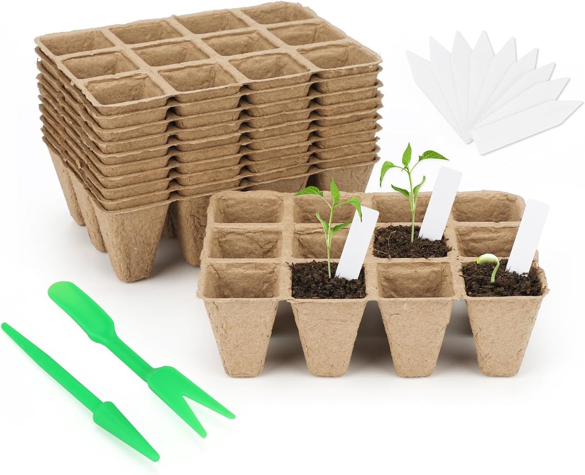 15 stuks 180 cellen zaadbakken zaailingpotten biologisch afbreekbare plantenpotten vezelzaadpotten, plantenkiemmodulebakken kits met 100 plantenlabels, verplantingsbreder en dibber