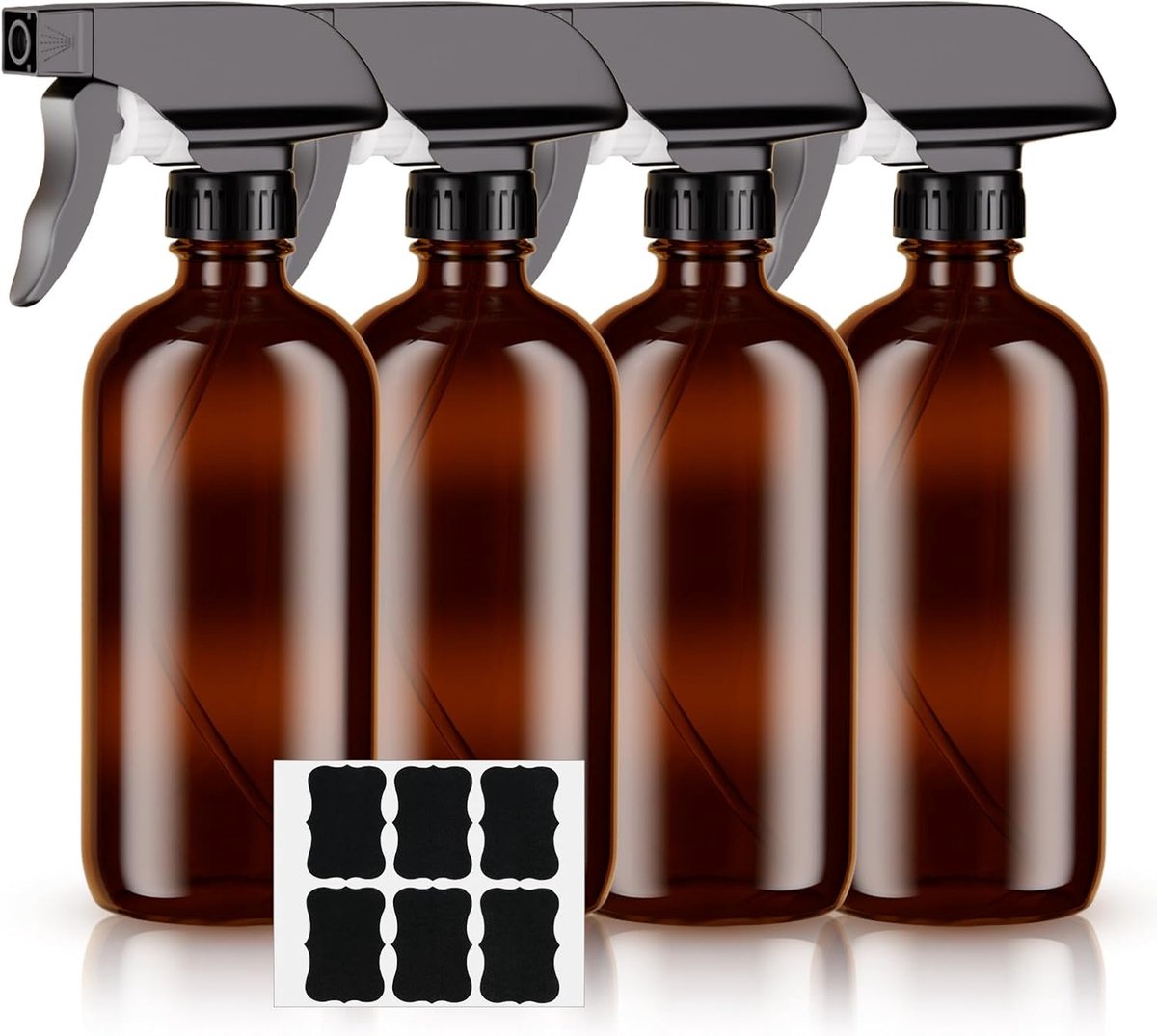 500ml (16.9 oz) Amber Glazen Spuitflessen 4-Pack, Bruine Glazen Sprayflessen met Fijne Nevel Instellingen en Zwarte Pompen, Geschikt voor Strijken, Schoonmaak, Haarverzorging en Planten