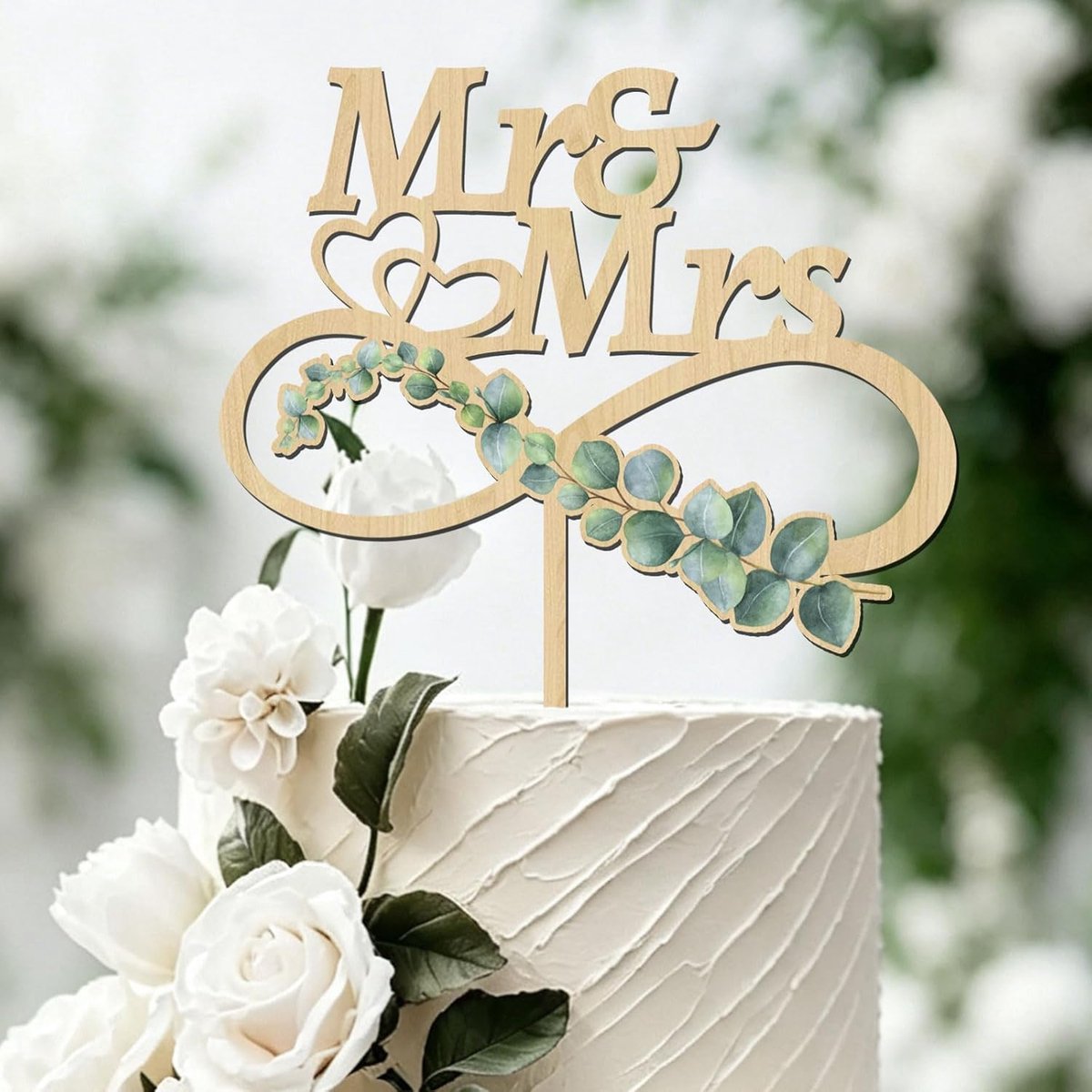 Mr en Mrs Houten Bruidstaart Topper met Groene Blad, Oneindige Hartvorm, Vers Gekoppeld Taartdecoratie voor Bruiloft, Jubileum, Verloving, Vrijgezellenfeest