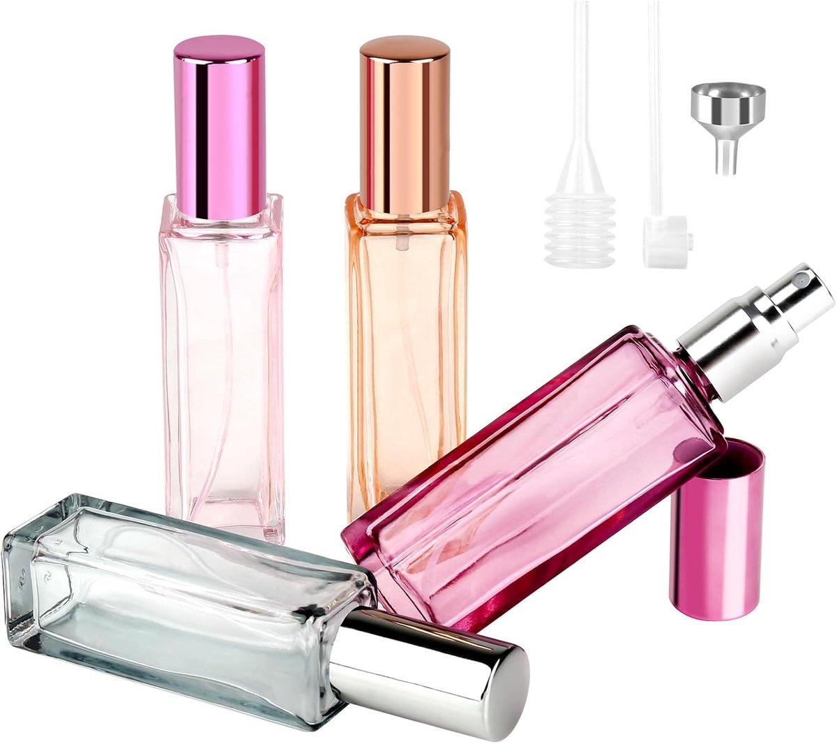 4 stuks parfumverstuiver, navulbaar, van glas, 20 ml, leeg, draagbaar, voor reizen, mannen en vrouwen (oranje, paars, grijs, roze)