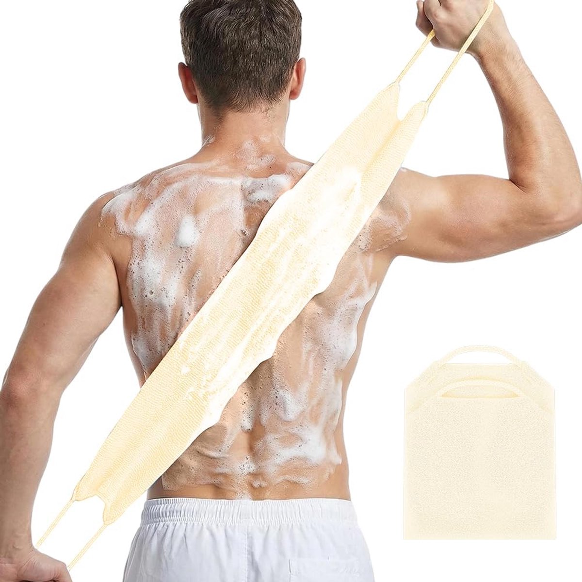 Rugschrobber voor douche, dubbelzijdige rug, lange rekbare, lichaamsschrobber, doucheschrobber met handvat, lichaamscrubber, badscrub, loofah, reiniging van vuil en dode huid voor mannen en