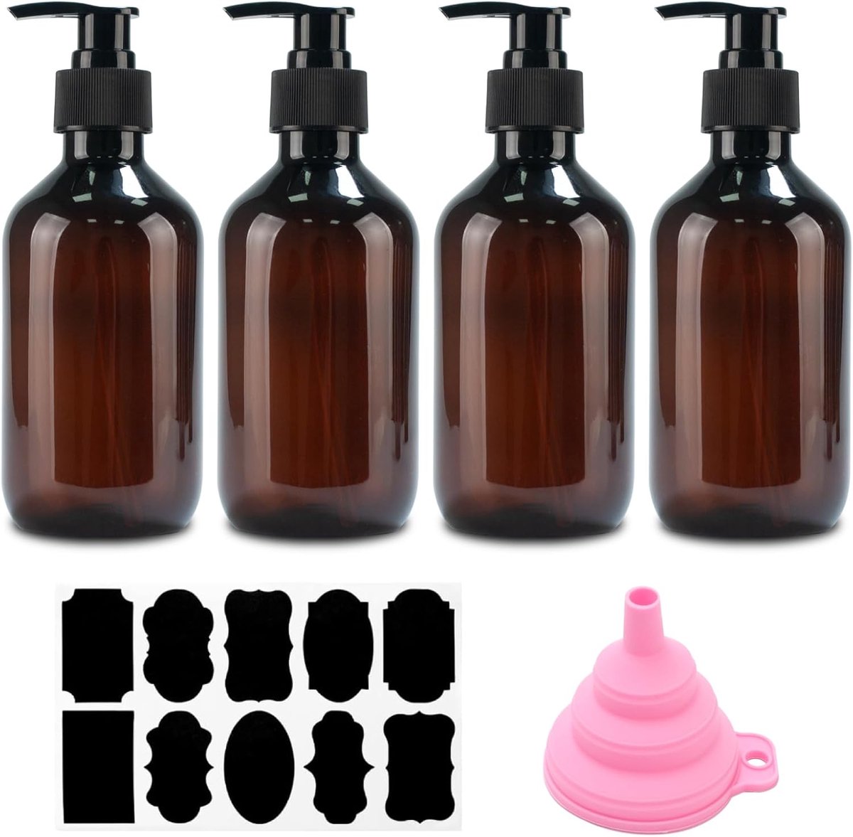 4 stuks zeepdispensers, 300 ml shampooflessen om te vullen, douchegeldispenser, pompdispenser, navulbare pompflessen, lege shampooflessen voor douche, lotions, shampoos + trechter en etiket (bruin)