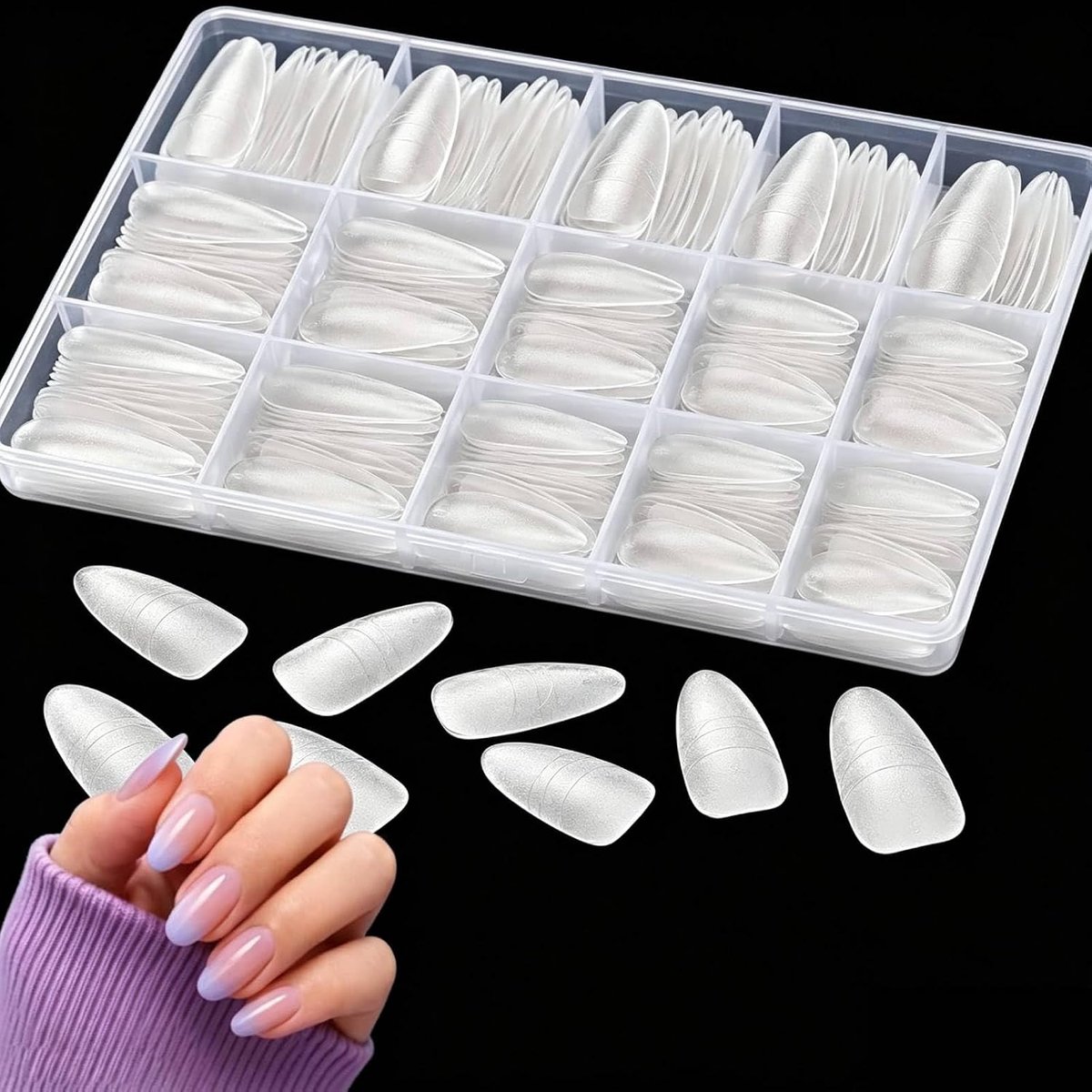 nageltips 300 stuks, tips vor gelnagels, 15 maten Gel X nageltip met hulplijnen, Full Cover matte nageltips, Amandel kunstnagels voor nagelverlenging voor thuis, salon en DIY-manicure