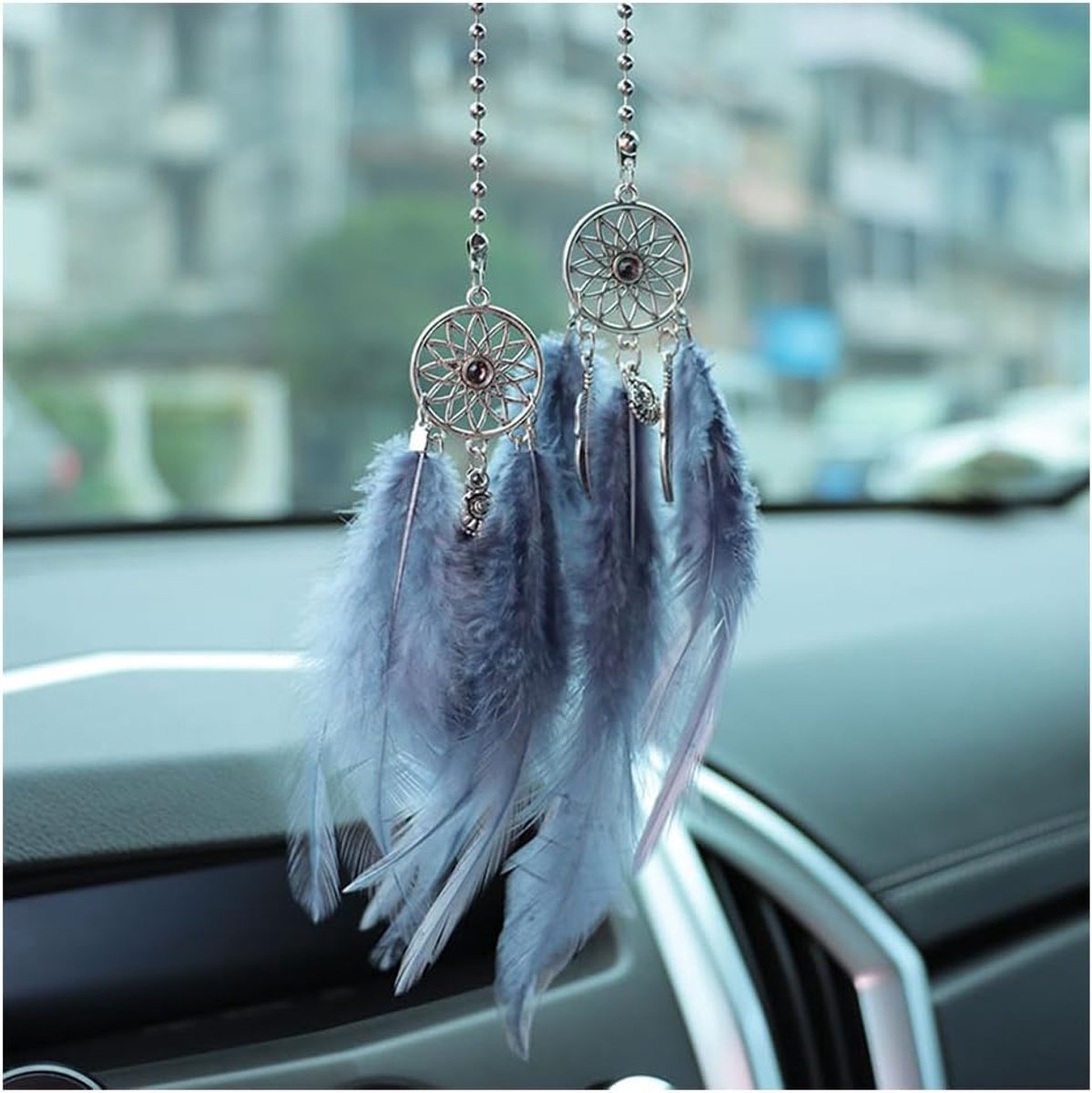 Autospiegel hangende accessoires, schattige auto achteruitkijkspiegel hangend ornament, dromenvanger veer dromenvanger, interieur decoratie hanger voor vrouwen (grijs)