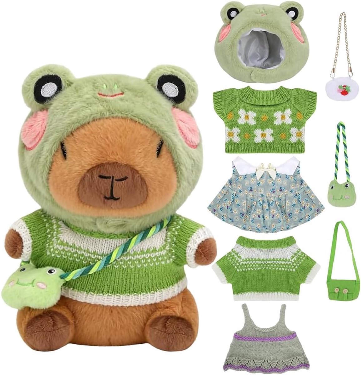Capybara-knuffelset (9-delig) – Inclusief kleding, tasje en hoedje – Aankleedbare Capybara-knuffel – Perfect verjaardagscadeau