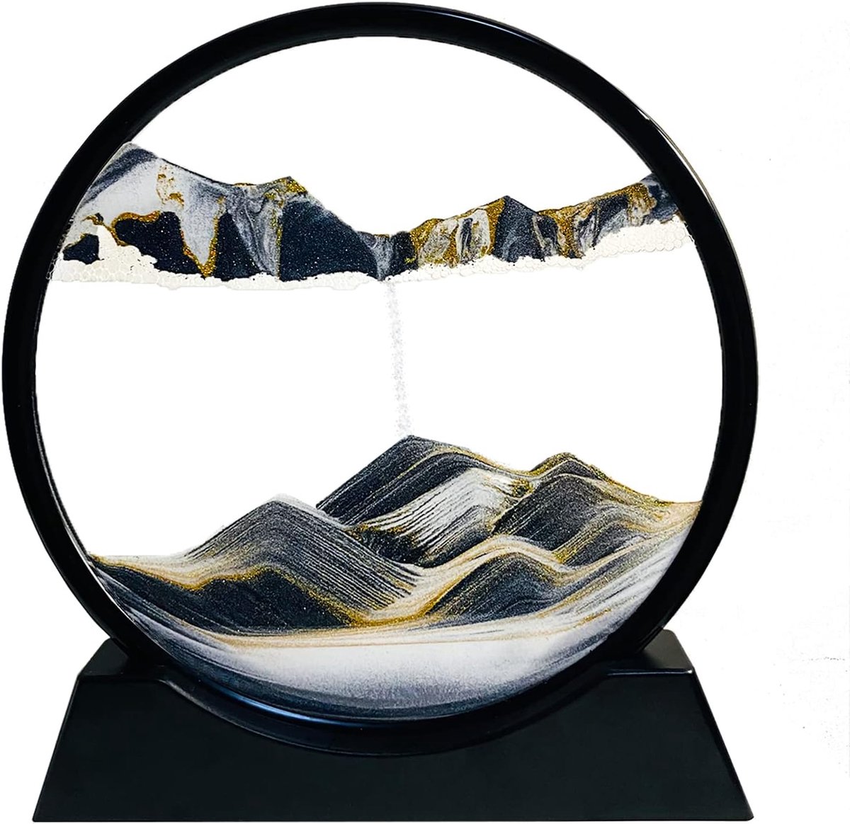 3D Moving Sand Art Picture Decoratie, Bewegende Zand Beeld Ronde Glas Frame, Dynamisch Zandloper Vloeiende Zandschilderij, 3d Foto landschap Home Office Work Desktop Decor(Zwart, 7")