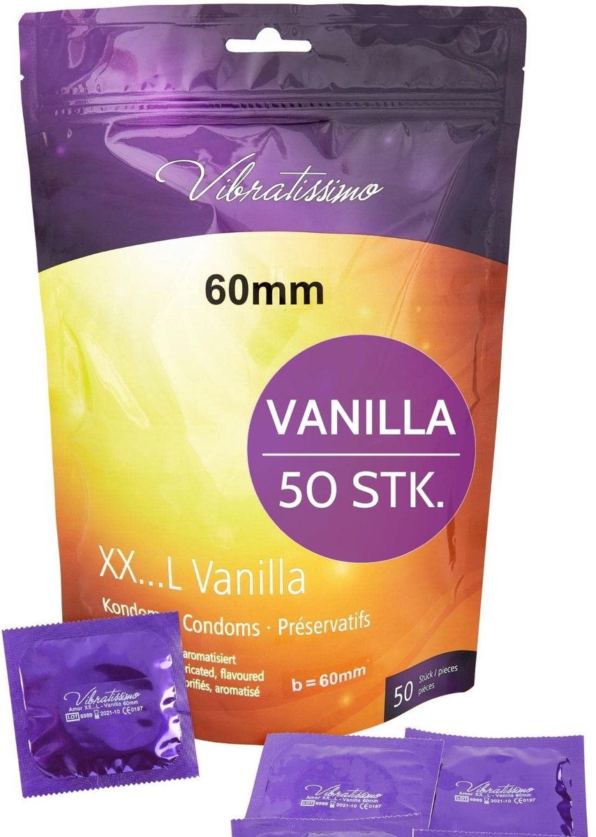 VIBRATISSIMO Condooms XXL Vanille 50-pack | Premium met Aroma | met dunner wanddikte & gearomatiseerd | gevoelsecht en flinterdun | b=60 mm
