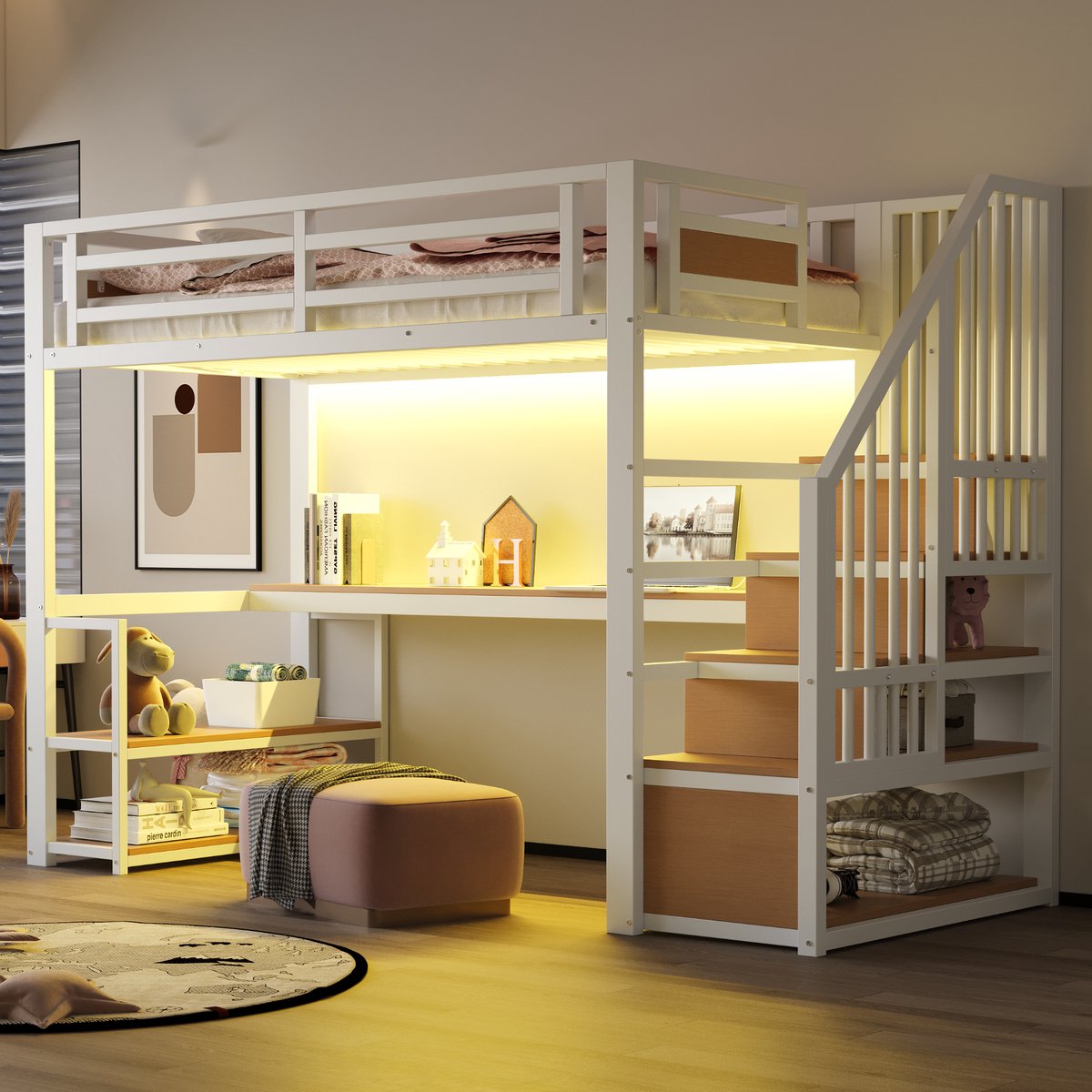 COVREO Hoogslaper 90x200 cm wit, MDF en metaal met bureau en opbergruimte