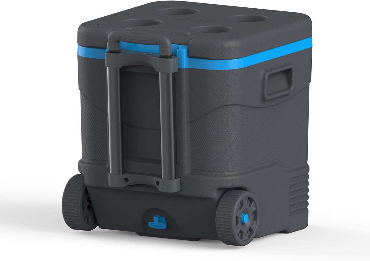 SnelShoppen - Duramax Trolley Icebox Koelbox 45 liter, krachtige koelbox met PU-isolatie, handgrepen, veilige dekselvergrendeling, bekerhouder, grijs
