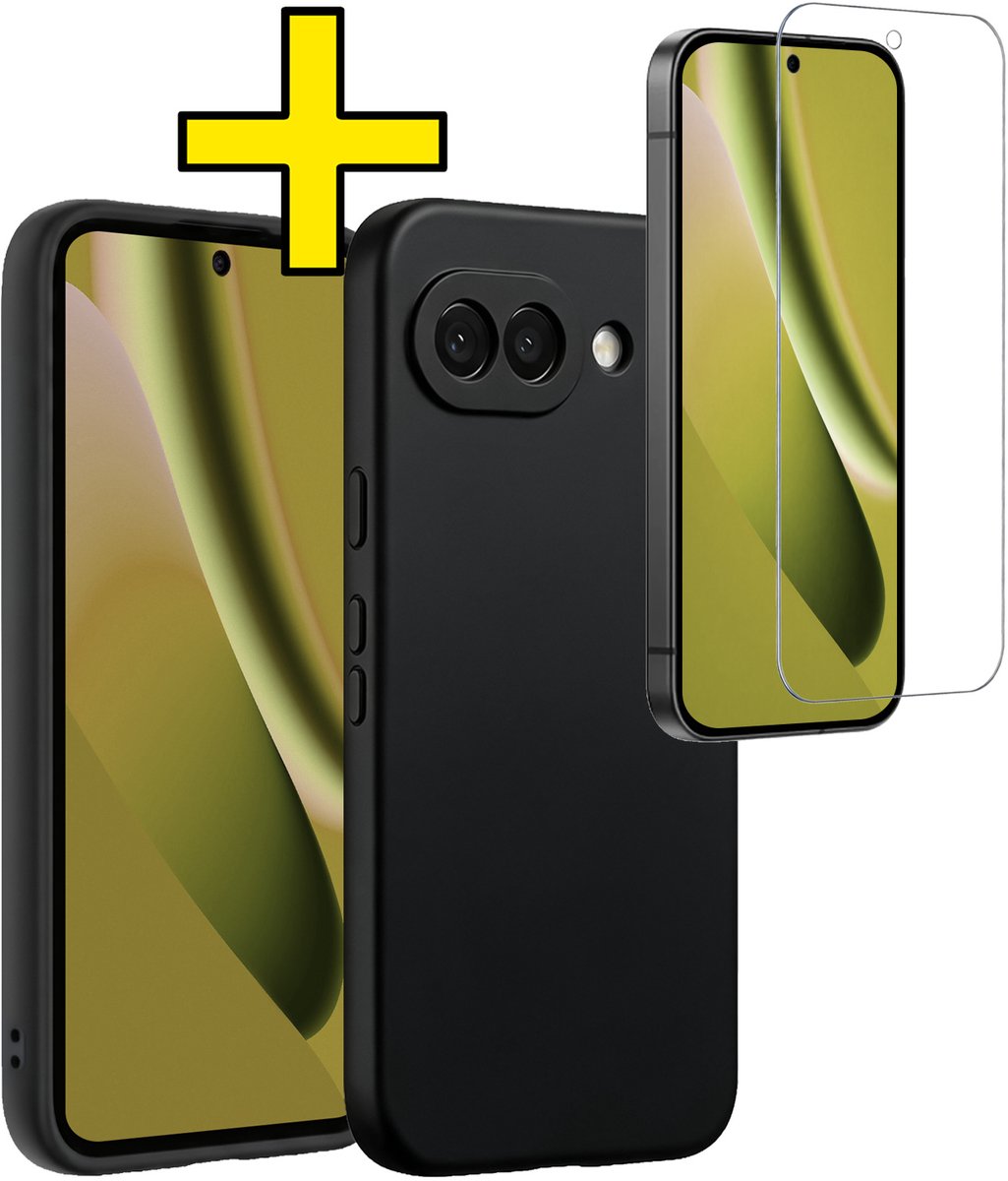 Hoesje - Met Screenprotector - Geschikt voor Google Pixel 10a - Sterk & Shockproof - Back Cover - Siliconen Case - Telefoon Hoes - Telefoonhoesjes - Zwart
