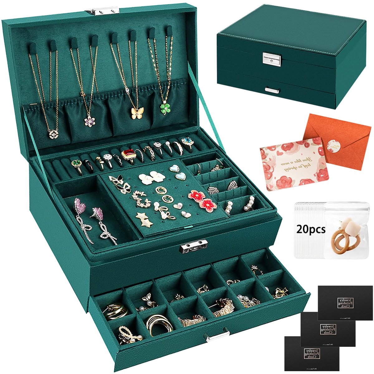 SnelShoppen - Sieradendoos Juwelendoos met 3 Niveaus en 2 Laden voor Kettingen, Oorbellen, Armbanden en Ringen - Inclusief 3 Zilverpoetsdoekjes, Stijl