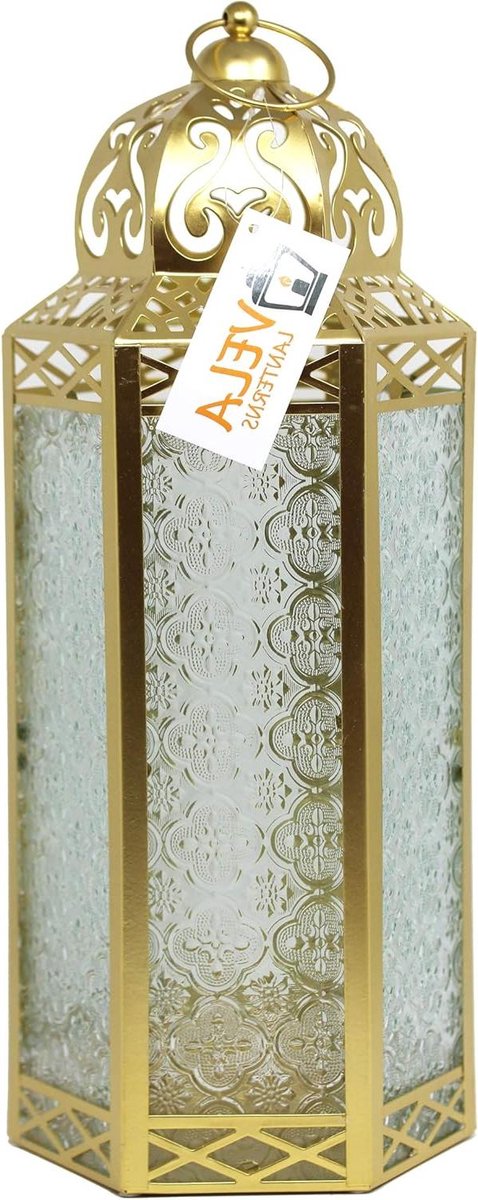 Marokkaanse Lantaarn - Decoratieve Kandelaar - Sfeerverlichting Buiten - Extra Groot Formaat - 16 Inch Hoog - Goudkleurig