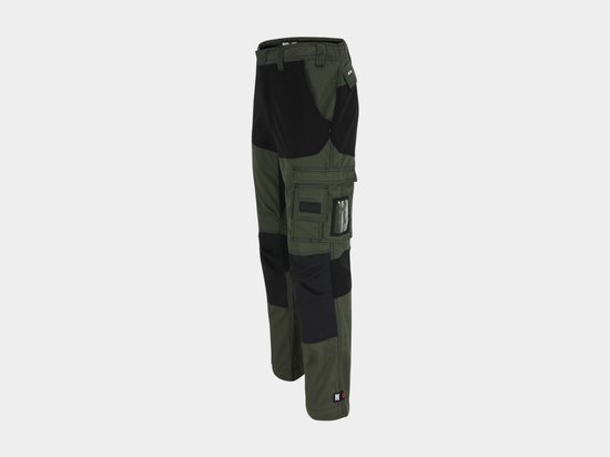 Kaki en zwarte werkbroek met diverse zakken, waaronder een zak met transparant venster.