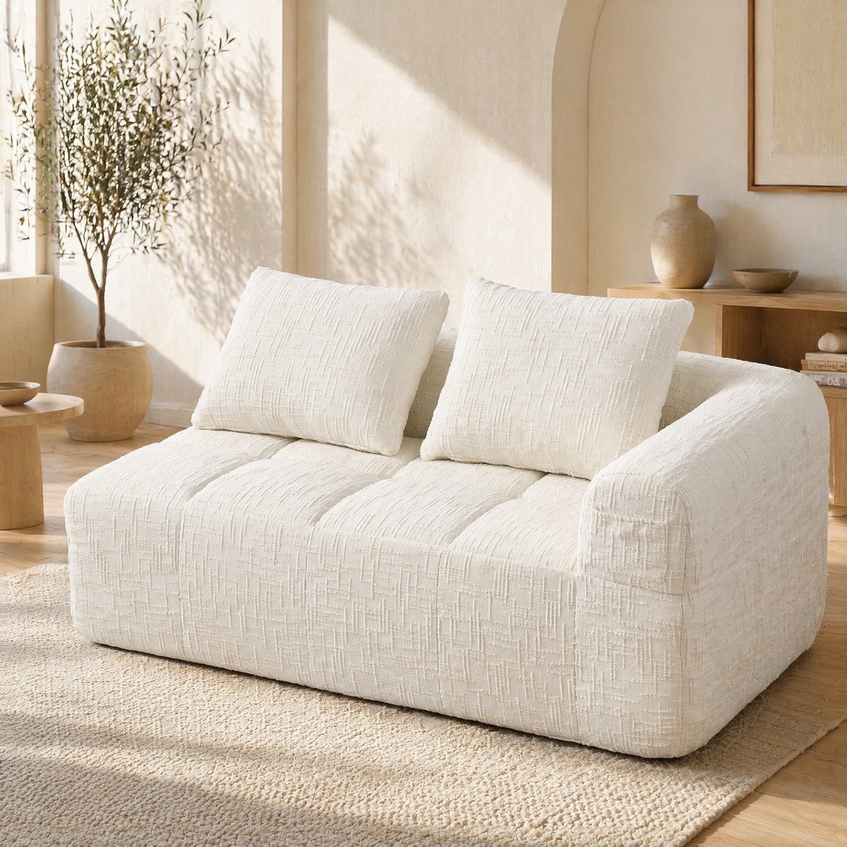COVREO 2-zits bank 158x90x60 cm - beige chenille, zijvakken, inclusief kussen