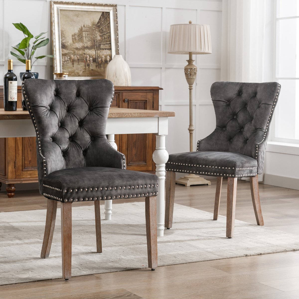 COVREO Eetkamerstoel set van 2 - 53,5 x 46,5 x 95 cm - grijs velvet, houten poten