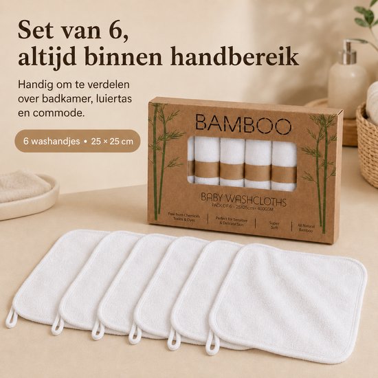 Nova Nino Babywashandjes – 6 Stuks – Bamboe en Katoen – 25 × 25 cm – Panda Design — afbeelding 2