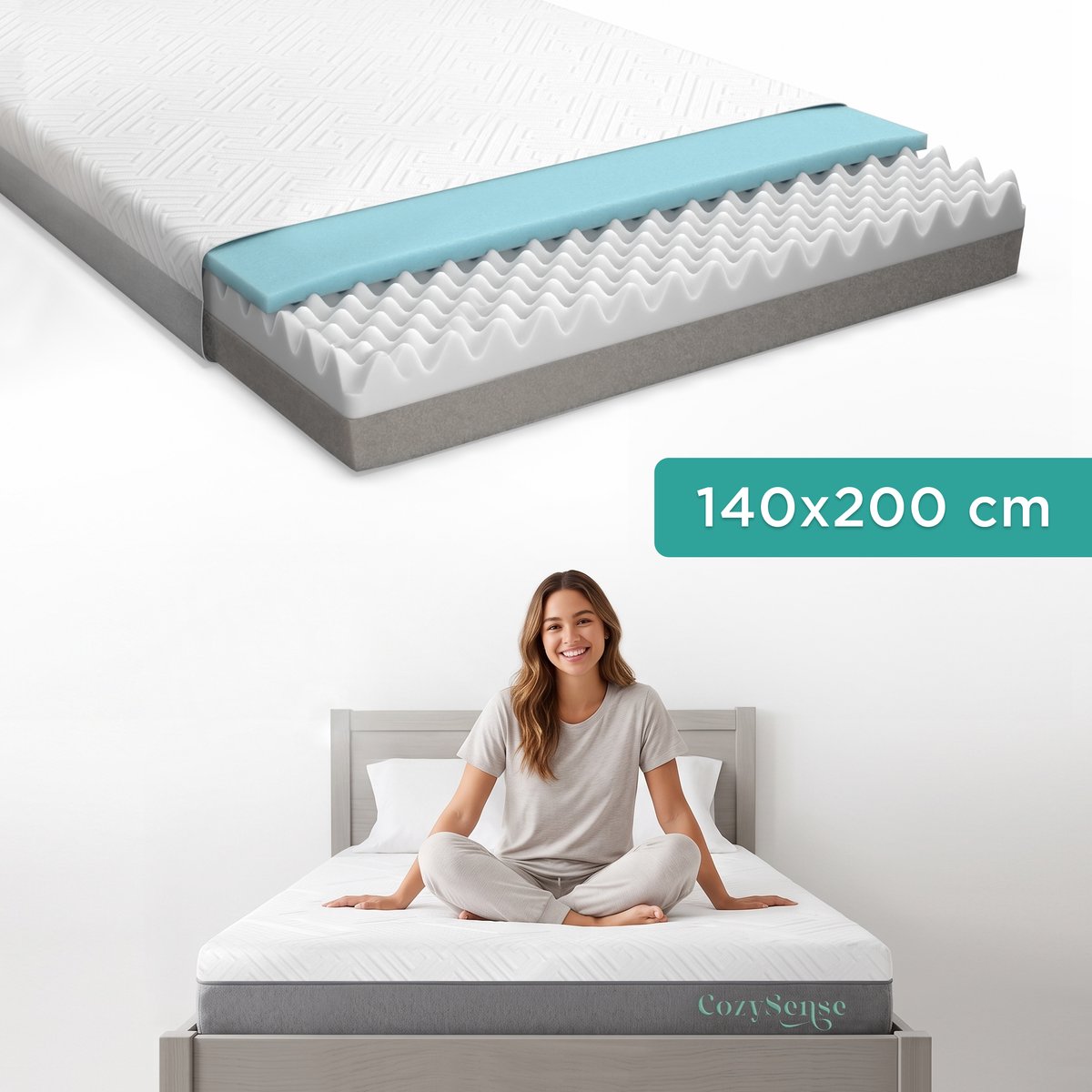 CozySense® Premium Matras 140x200 cm – Tweepersoons – 3 Comfortlagen – Gel Traagschuim & Eierkistschuim – CertiPUR-US® Schuim & OEKO-TEX® Hoes – 20 cm Dik