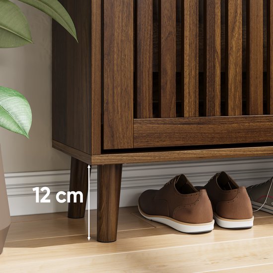 FloraGrace Schoenenkast 80 Cm Breed Met 2 Klapladen Walnootkleur MDF Massiefhouten Poten Antikantelbeveiliging Voor Hal En Entree — afbeelding 3