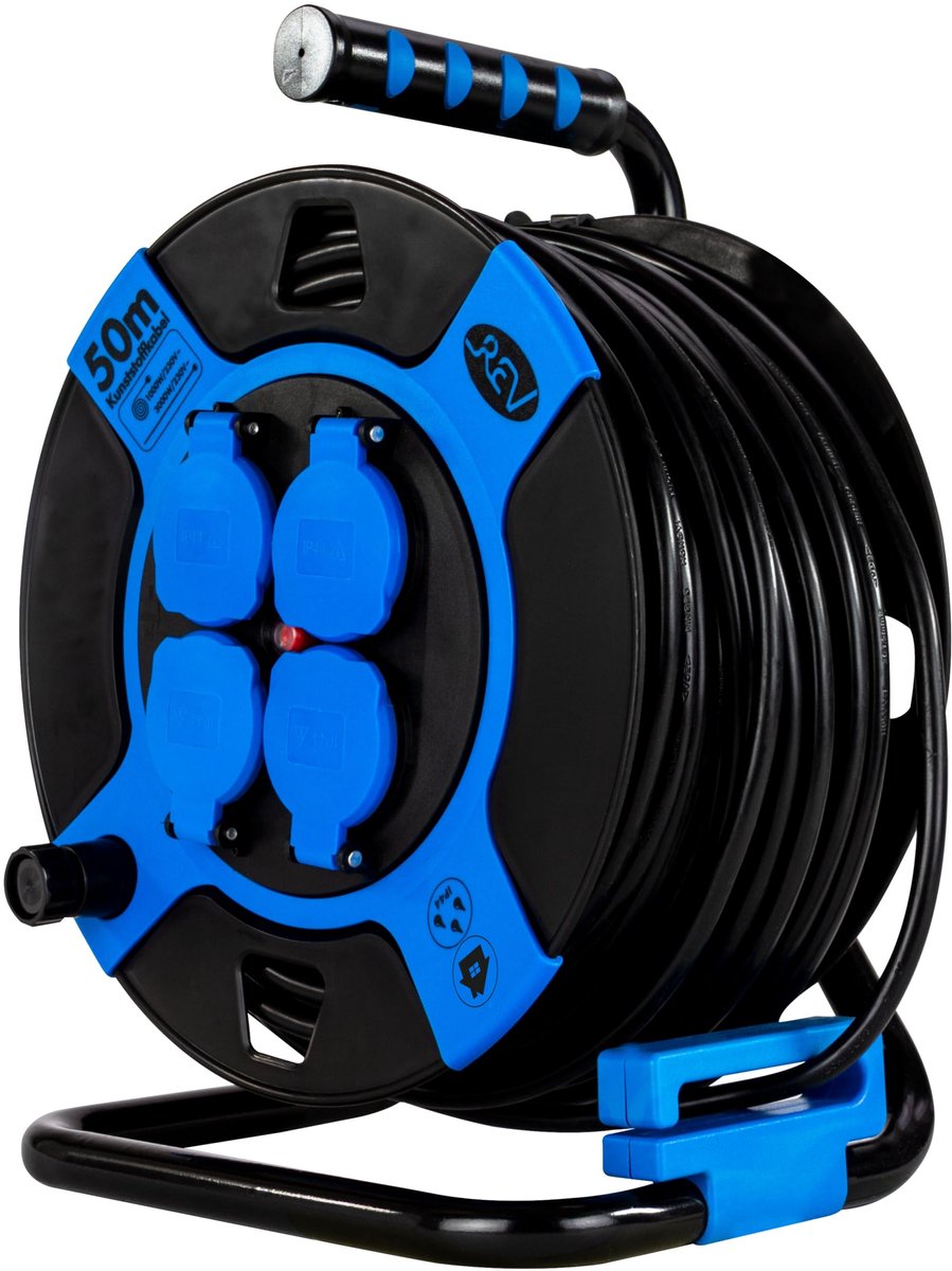 SnelShoppen - REV Kabelhaspel IP44 Outdoor 50m met 4 Geaarde Stopcontacten - Zwart voor Tuin, Camping, Feest, en Meer