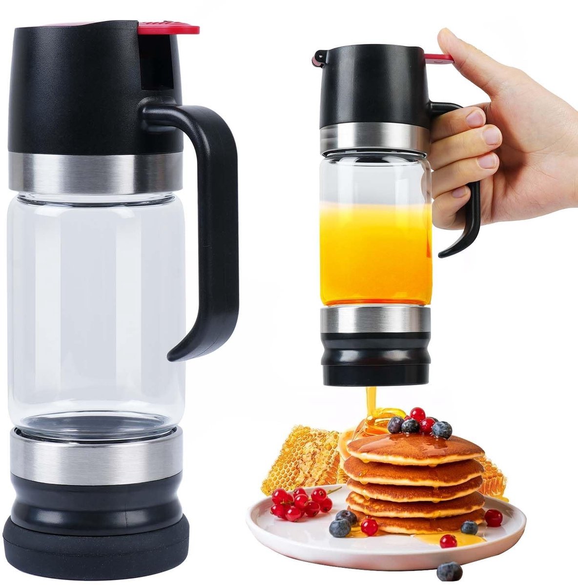 Dailygoods- Honingdispenser zonder druppel - Honingpot met lepel - Honingpotje met deksel - Siroopdispenser - Rommelvrije dispenser - Gietontwerp voor gecontroleerde doorstroming