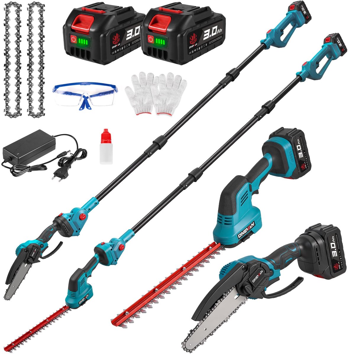 SnelShoppen - 4-in-1 Telescopische Heggenschaar Accu, 15,2 cm, 180° Draaibare Kop, Verlengstang 2,25 m, 2 Accu's 3,0 Ah, Hoog Snoeischaar voor Tuin en