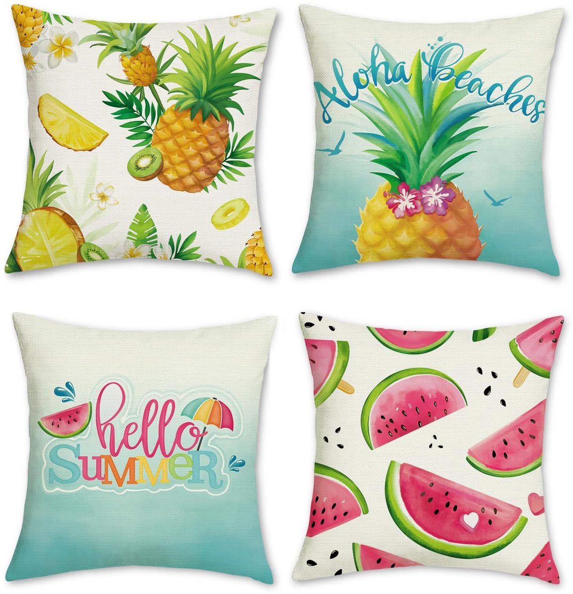 Dailygoods - Set van 4 Kussenhoezen met Zomerfruit Motief - 45 x 45 cm Polyester Linnen voor Binnen en Buiten