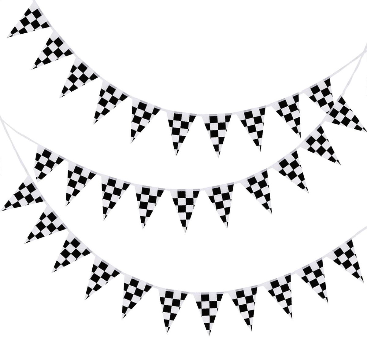 Dailygoods- Racevlaggen Set - Zwart/Witte Driehoeksvlaggen - Racefeestdecoraties - Polyester - 14x21 cm - Touwlengte 10 m - Feestvlaggen
