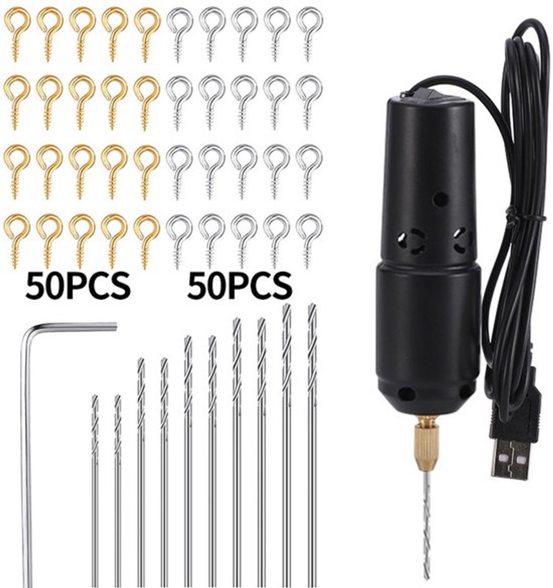 Mini-elektrische boormachine met boordiameter van 0,8–1,2 mm, draagbaar, USB-voeding en wordt geleverd met 10 sieradenboren.