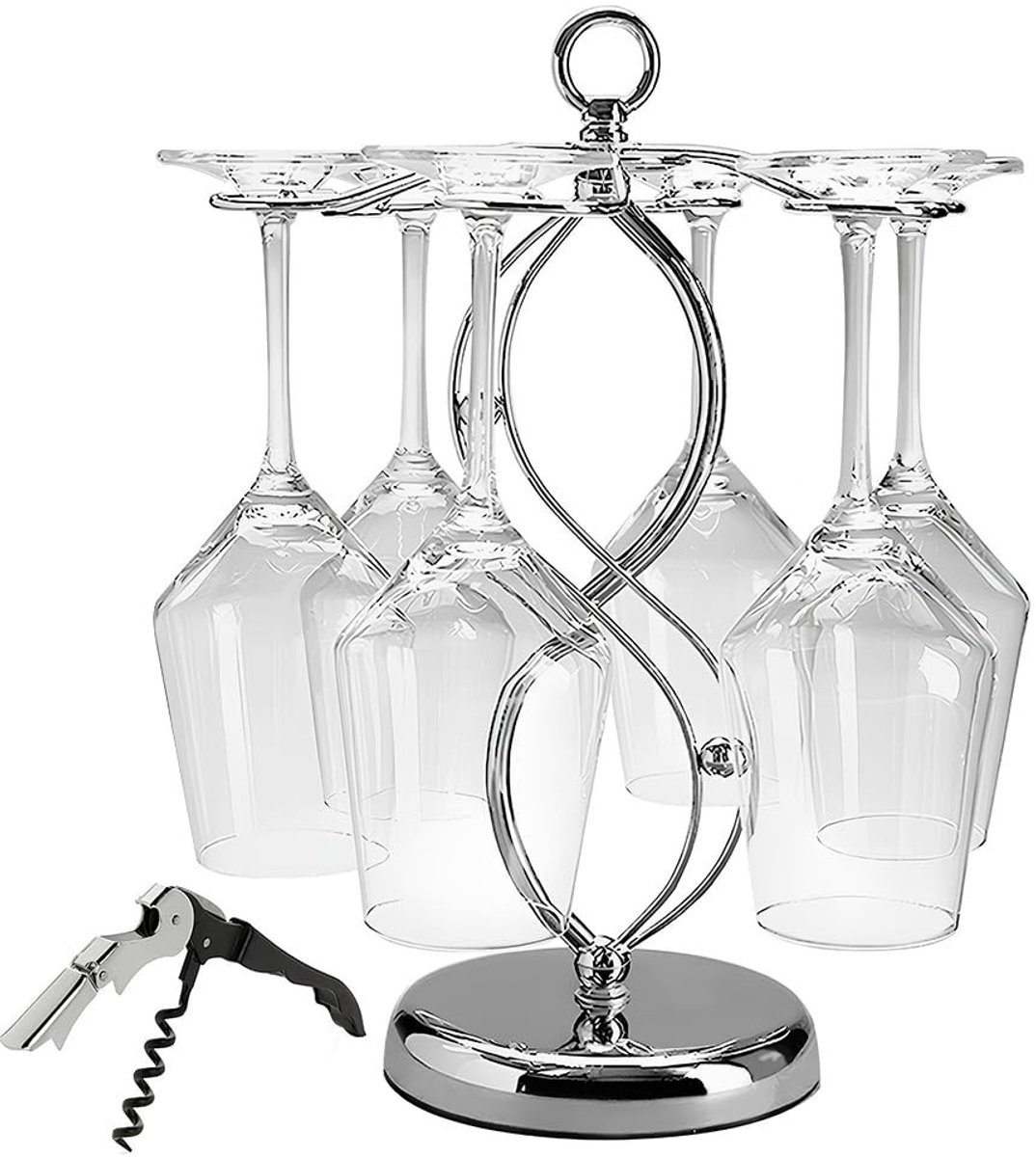 Dailygoods - Hangende Wijn Glas Houder met Kurketrekker - Inclusief 6 Haken en Multifunctioneel Design