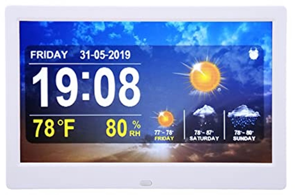 SnelShoppen - Digitale Kalender Alarmdagklok 10 Inch - Dementieklok met Weerstation, 5 Sets Alarmherinneringen, Automatisch Dimmen, Afstandsbediening