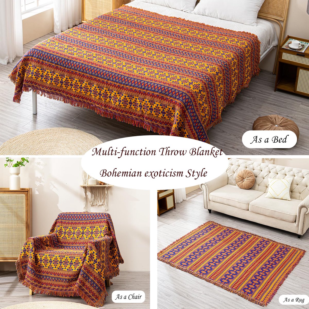SnelShoppen - Bohemian Sofa Plaid met Kwastjes - 100% Handgeweven Katoenen Gebreide Fauteuilplaid 130x180 cm - Perfect voor Banken, Bedden, Tuin en Fe