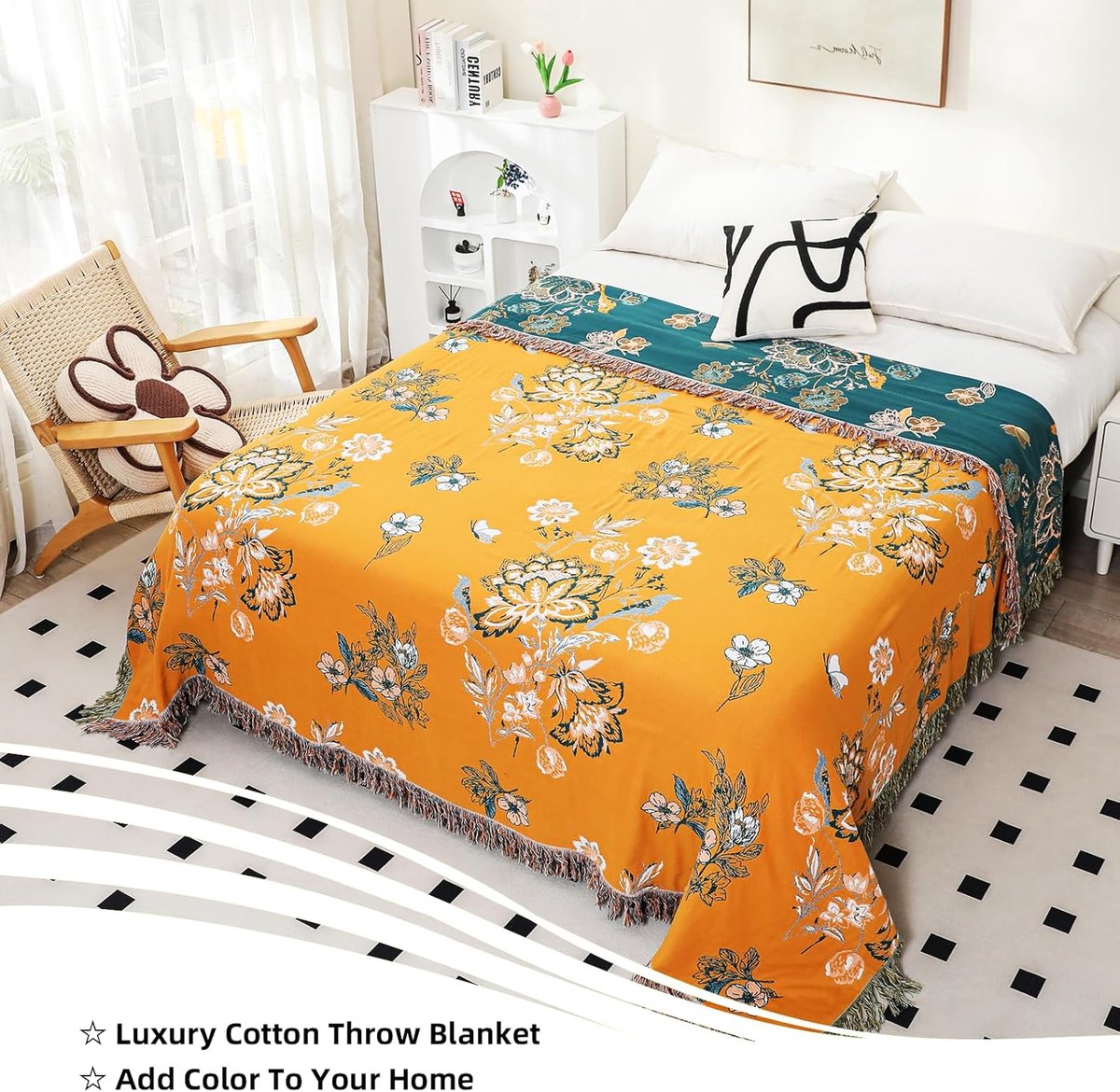 SnelShoppen - Bohemian Bank Plaid 200x230cm - 100% Biologisch Katoen - Zacht Dubbelzijdig - Geel - Perfect voor 2-3 Zits Banken en Fauteuils - Gezelli