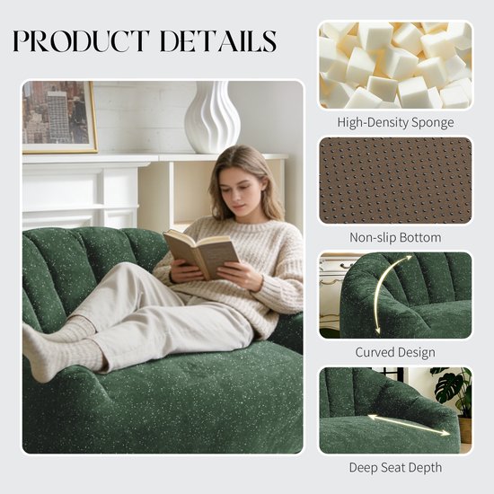 Groene zitzak met zilveren spikkels, met een zittende vrouw die leest. Productdetails: hoge dichtheid spons, antislip bodem, gebogen ontwerp, diepe zitting.