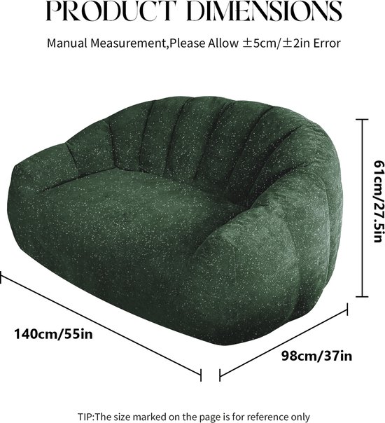 Groene zitzak met zilveren spikkels, met afmetingen 140cm breed, 98cm diep en 61cm hoog.