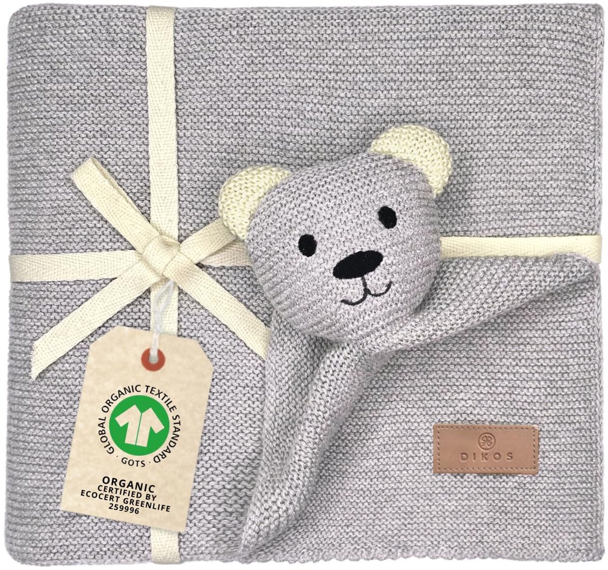 SnelShoppen - DIKOS Original Babydeken Knuffelbeer Lichtgrijs - Zacht gebreid biologisch katoen 2-in-1 Knuffeldeken & Dekentje voor Pasgeborenen - Per