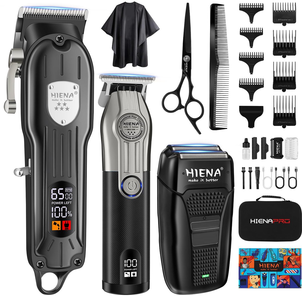 SnelShoppen - HIENA PRO Professionele Draadloze Tondeuse en Baardtrimmer Set - Oplaadbare Haar Snijset met LED Display voor Kappers en Thuisgebruik -