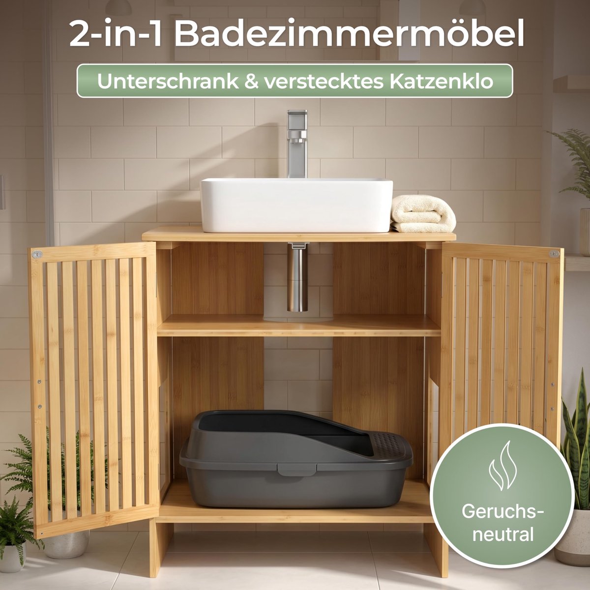 SnelShoppen - WOOWOOD Kattenklo Wastafelonderkast van Bamboe - Extreem Vochtbestendig Kattenkast, Badkamer Onderkast, Kattentoilet Kast, Kattenmeubel