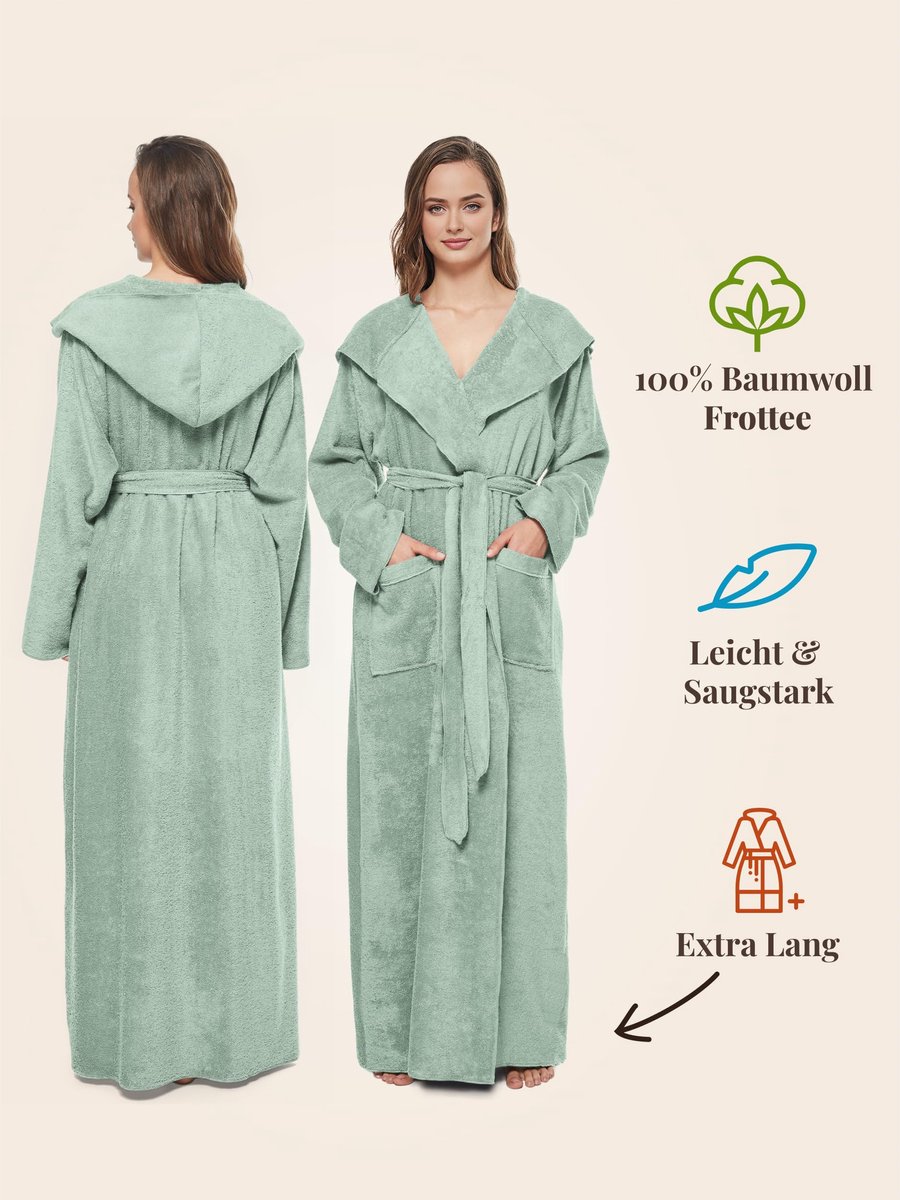 SnelShoppen - Badjas Dames 100% Katoen Badstof (340 g/m²) met Capuchon – Extra Lang, Muntgroen, Ideaal voor Thuis, Wellness, en Relaxmomenten