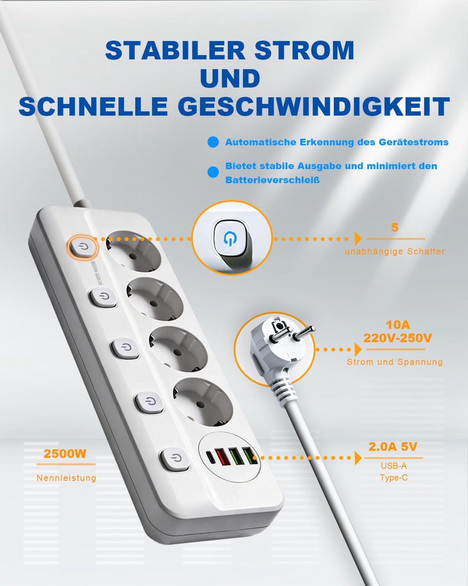 SnelShoppen - 4-voudige Stekkerdoos met USB en Schakelaars, Meervoudig Stopcontact met 2m Verlengkabel, Antislip Tafelstopcontact, Kinderbeveiliging,
