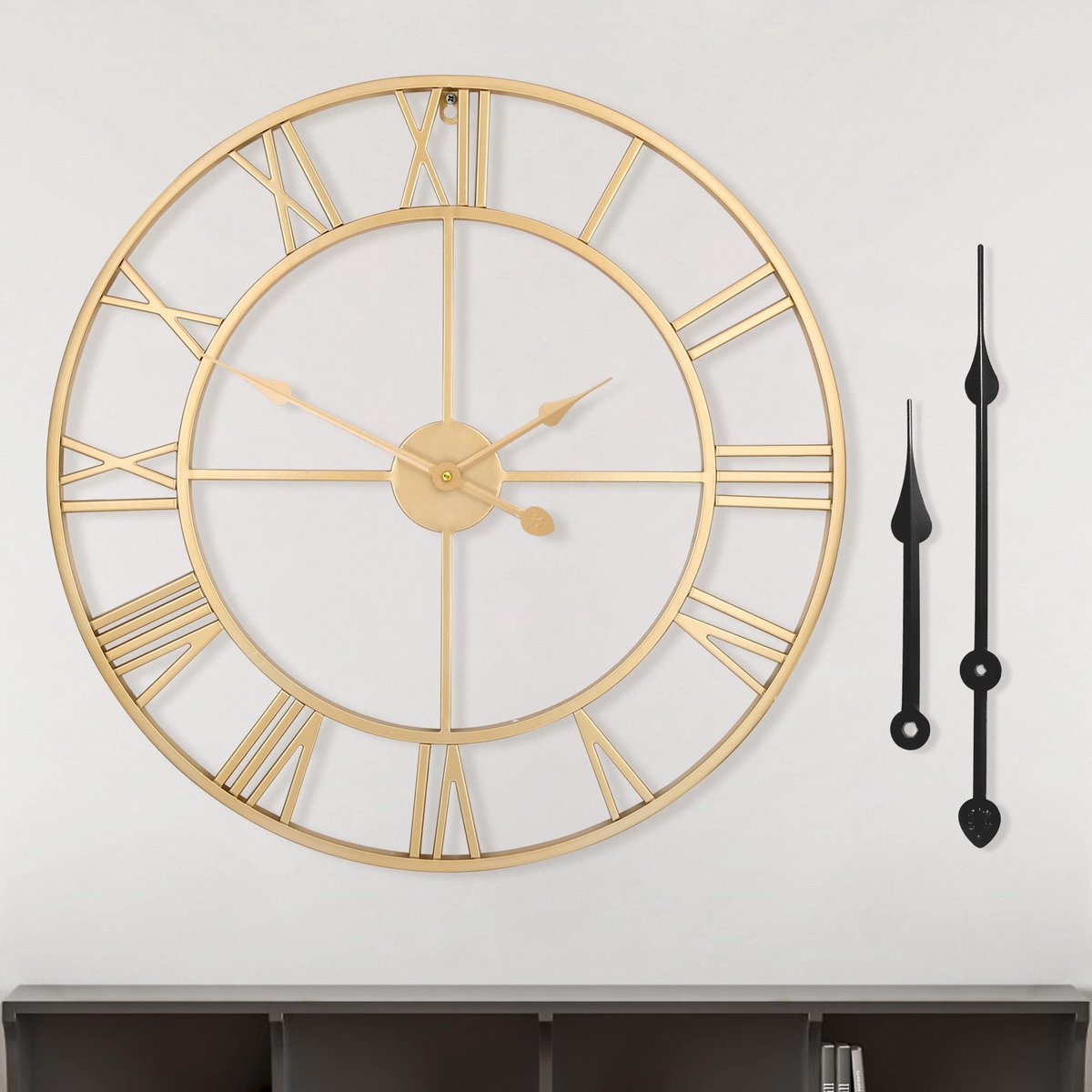 SnelShoppen - Grote vintage wandklok, rond, stil, niet-tikkend, batterij-aangedreven met Romeinse cijfers, 60 cm voor woonkamer, slaapkamer, keuken