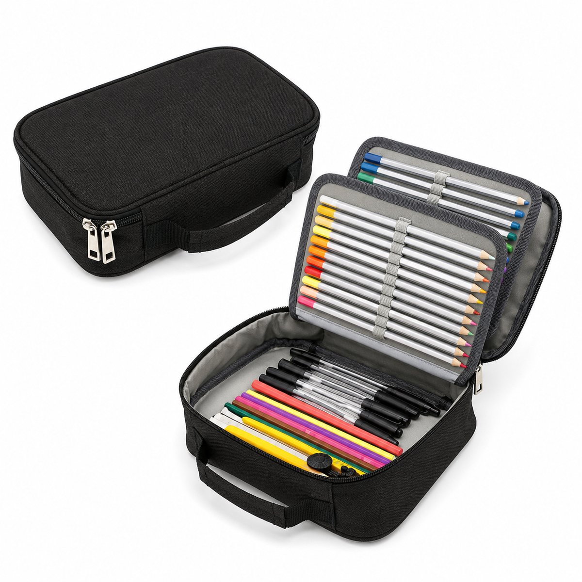 VHV - Etui - Grote Etui & Pennenzak - 72 Vakken - Grote Capaciteit - Uitneembare Lagen - Schoolspullen - 23x16x6.5cm - Zwart