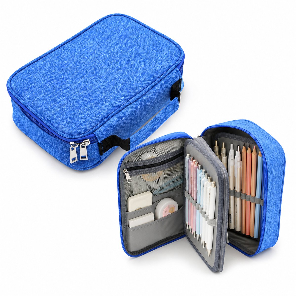 VHV - Etui - Pennenzak - Grote pennenzak - 72 vakken - Kleurpotloden etui - Multifunctioneel - Voor school en kantoor - 23x16x6.5cm - Blauw