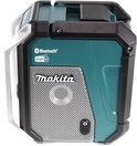 Makita bouwradio met zilveren handvat, zwarte randen en groene behuizing. Grill met logo.
