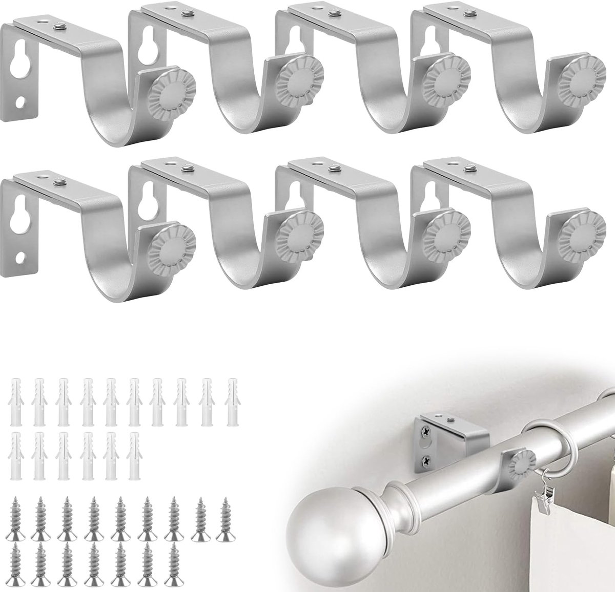 SnelShoppen - 8 Stuks Verstelbare Gordijnroedehouders voor Wandmontage, Sterke Metalen Dragers voor Zware Gordijnen, Wit, Ideaal voor Woonkamer en Sla