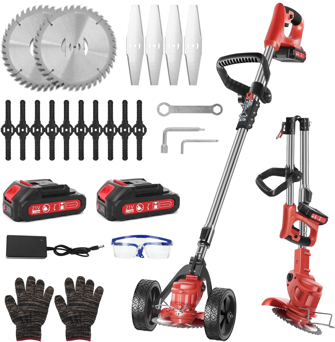 SnelShoppen - Draadloze Elektrische Grastrimmer Lichtgewicht Accu met 3 Bladen, 2 Batterijen & Wieltjes - Opvouwbare Rand- & Bosmaaier voor Tuin & Ach