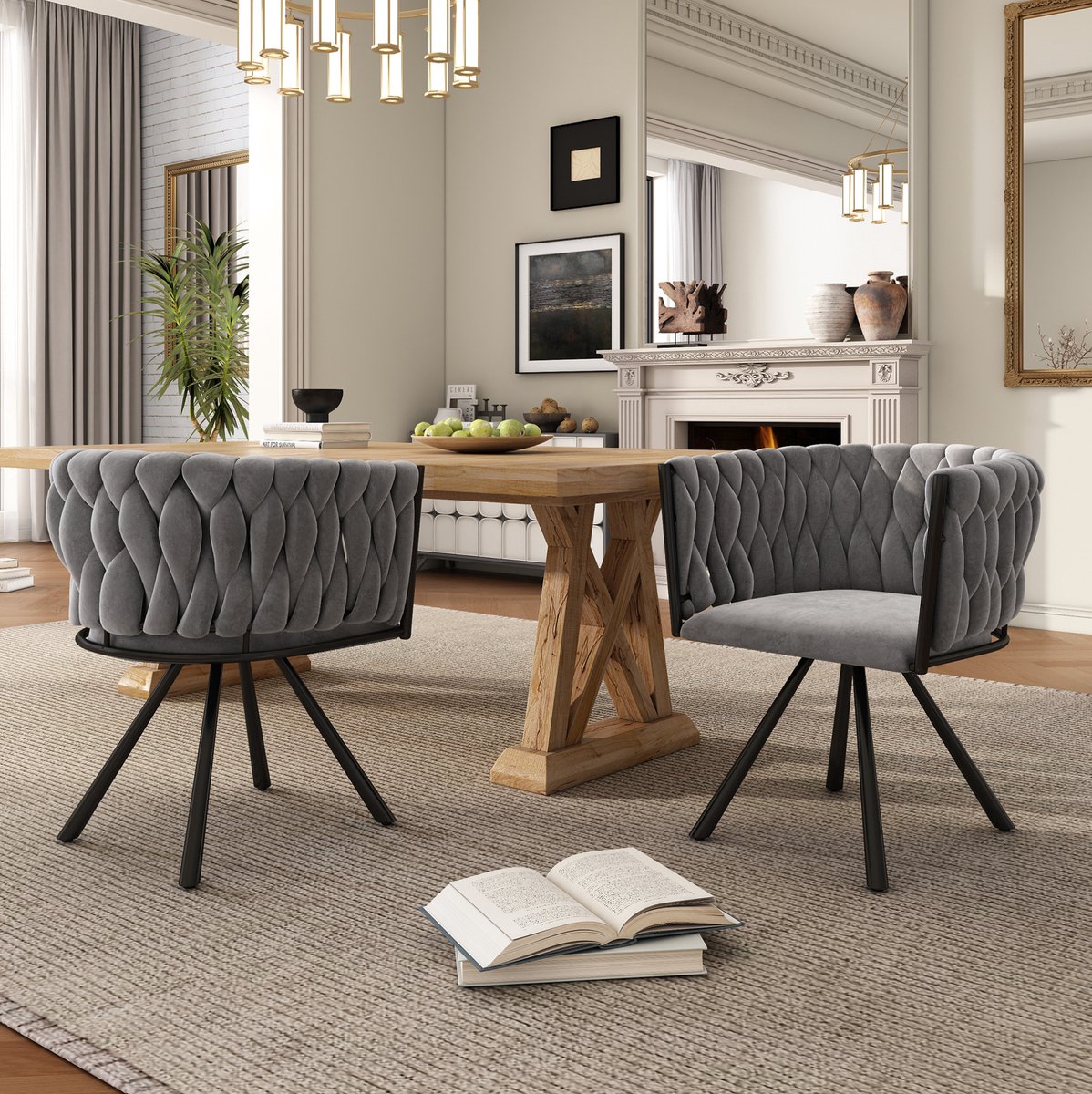 COVREO Eetkamerstoel 59x54x72 cm - grijs velvet, draaibaar, metalen onderstel, set van 2