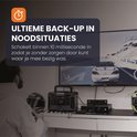 Man speelt racespel op tv met HEKO Solar powerstation ernaast. Tekst: Ultieme back-up in noodsituaties.