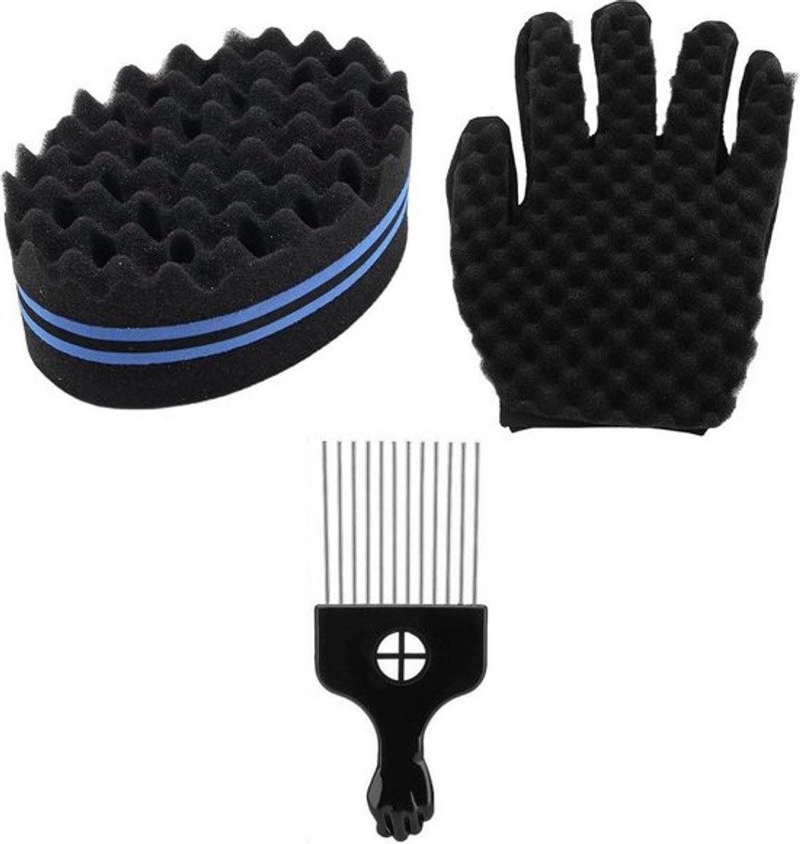 Zwarte Twist Spons Borstel Wave Kapper Tool Metaal Haar Kam Pick Thuis Salon Vlecht Haar Kam Styling Tool - Set van 3